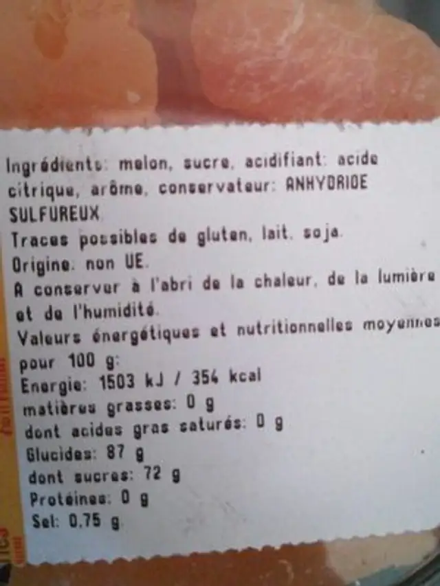 Melon deshydrate aromatise ingredients label