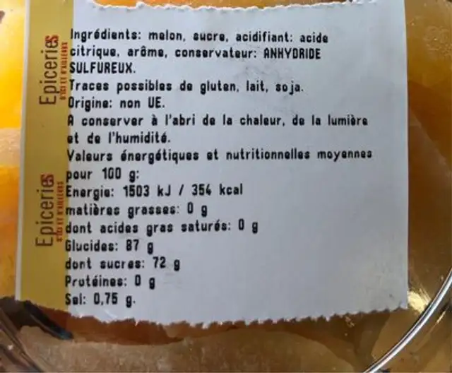 Melon deshydraté aromatisé ingredients label