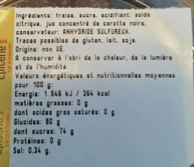 Fraise entière deshydratee ingredients label