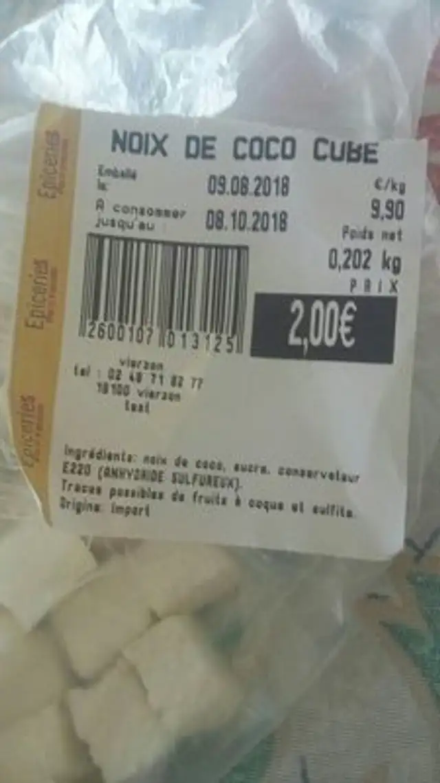 Noix de coco cube ingredients label