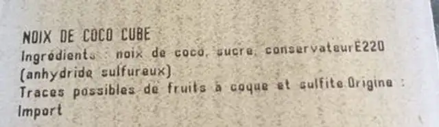 Noix de coco cube ingredients label