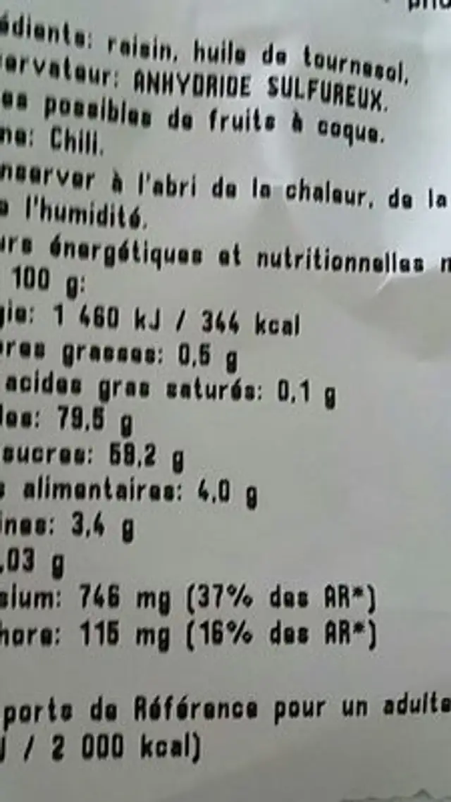 Raisin secs golden jumbo ingredients label