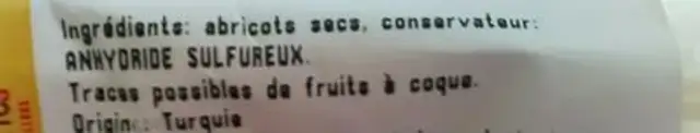 Abricots secs ingredients label