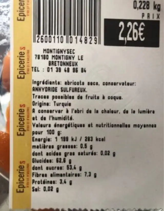 Abricot sec ingredients label