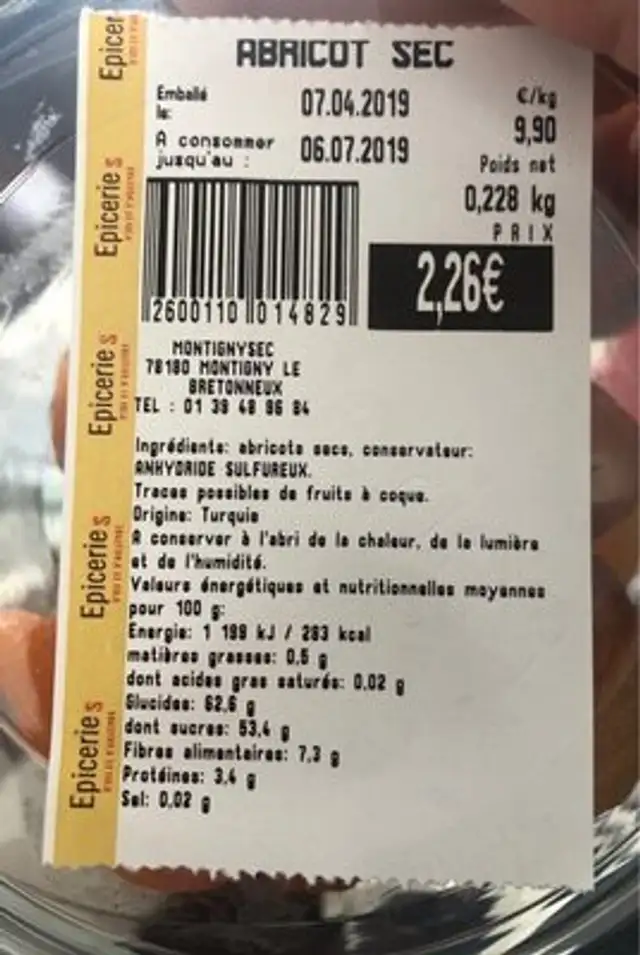 Abricot sec nutrition facts table