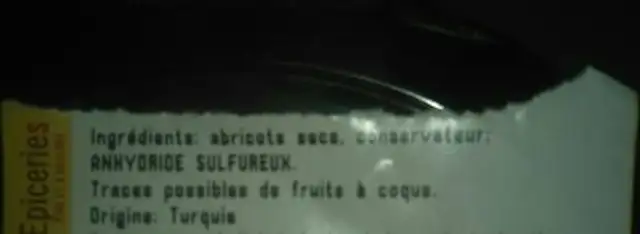 Abricots sec ingredients label