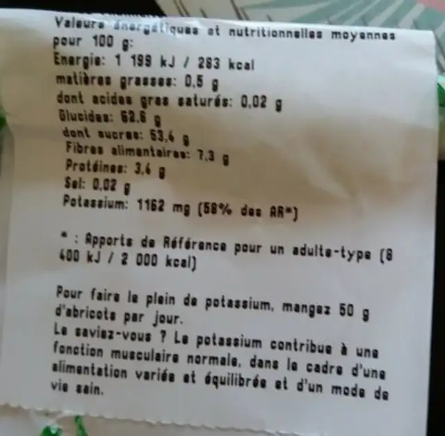 Abricot sec ingredients label