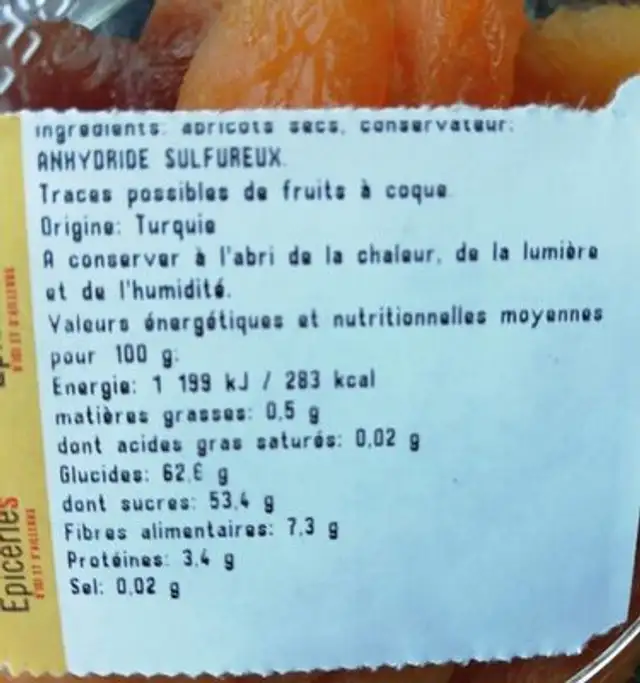 Abricot sec nutrition facts table