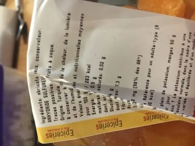 Abricot sec ingredients label