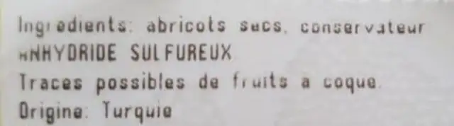 Abricot sec ingredients label