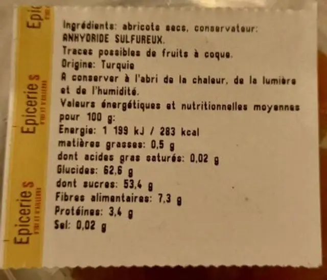 Abricot sec nutrition facts table