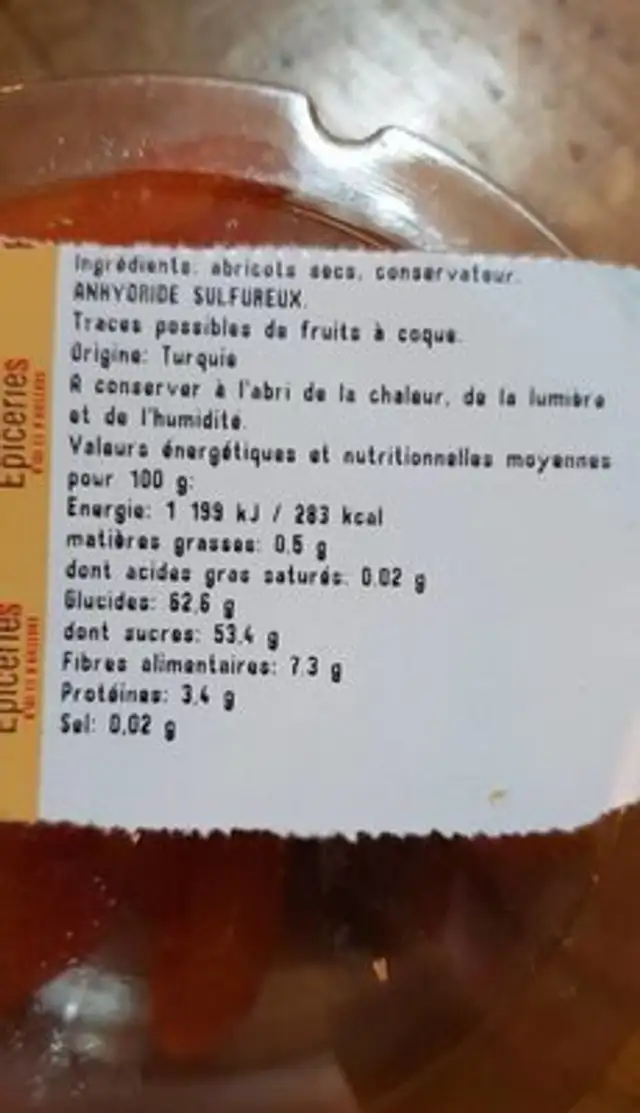 Abricot sec ingredients label