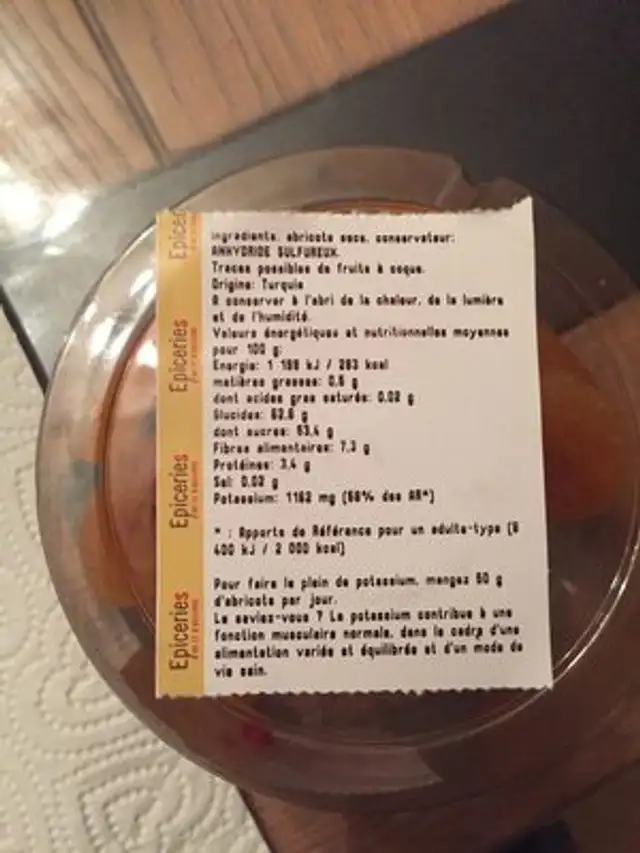 Abricot sec ingredients label