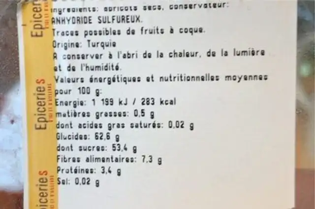 Abricot sec nutrition facts table