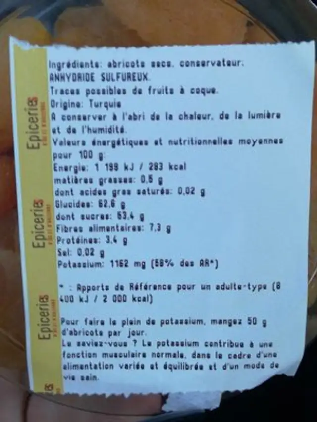 Abricots secs nutrition facts table