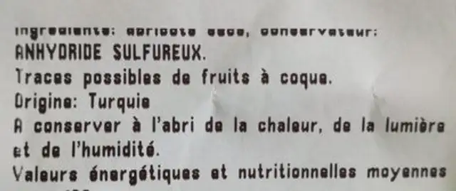 Abrucot sec ingredients label