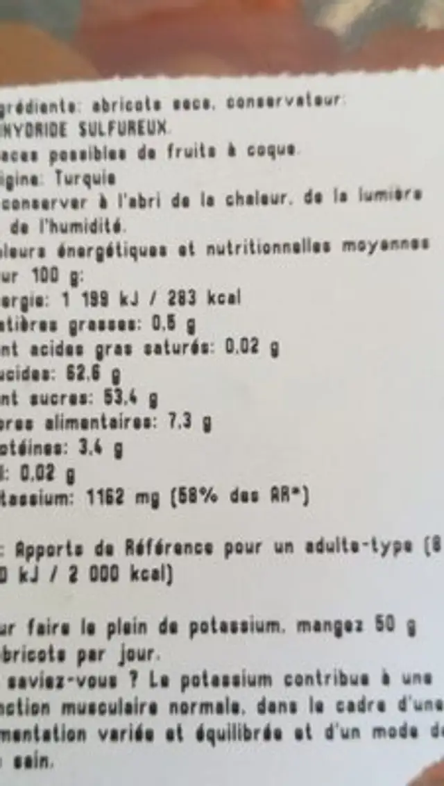 Abricot sec ingredients label