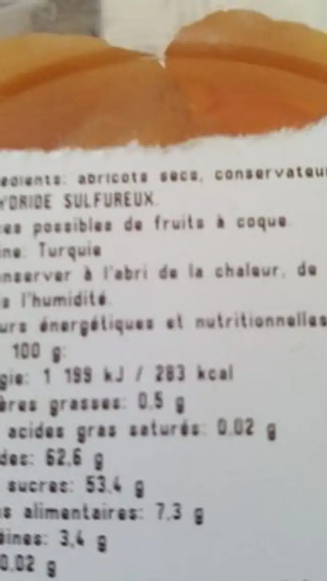 Abricot sec ingredients label