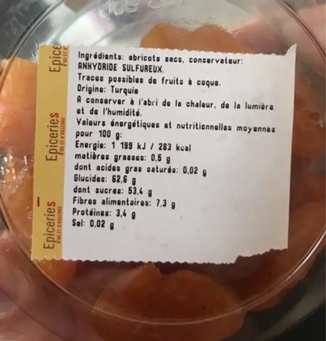 Abricots secs ingredients label