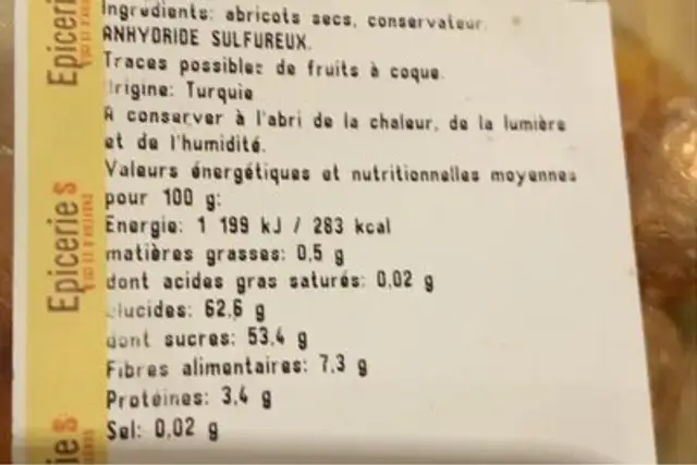 Abricots secs nutrition facts table