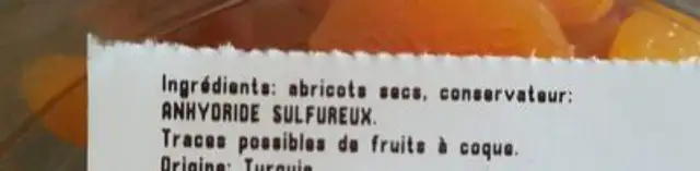 Abricots secs ingredients label