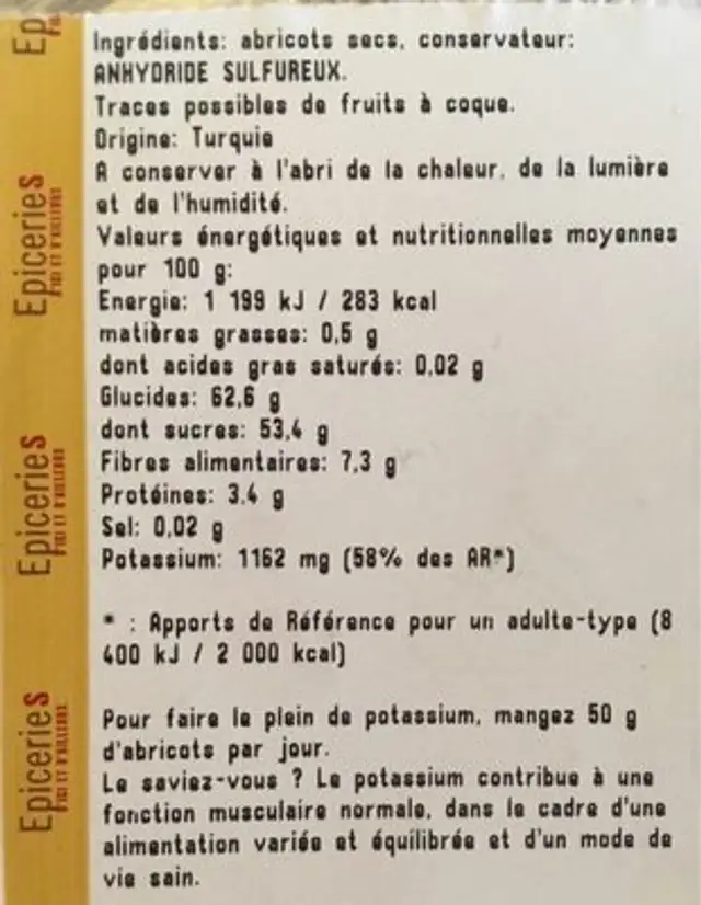 Abricot sec ingredients label