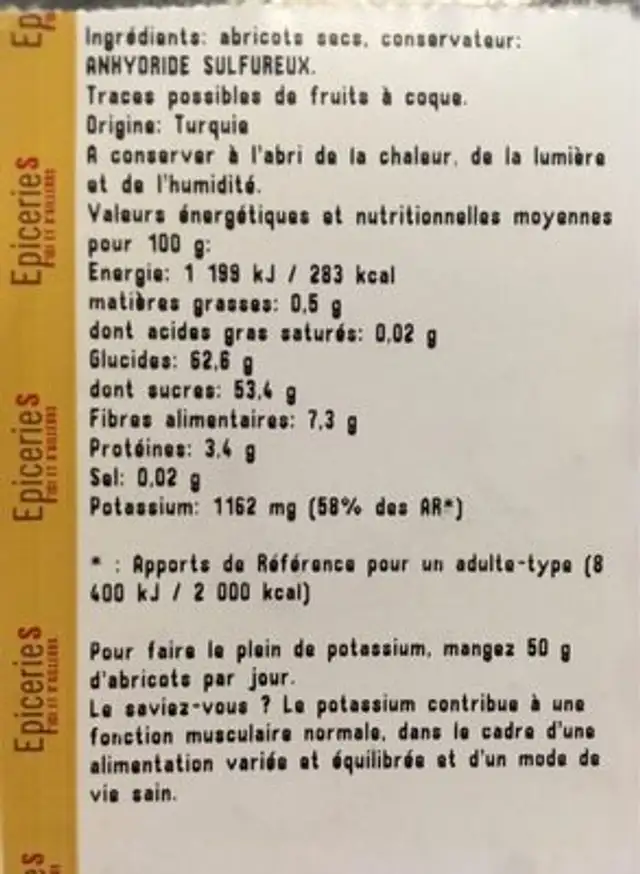 Abricot sec nutrition facts table