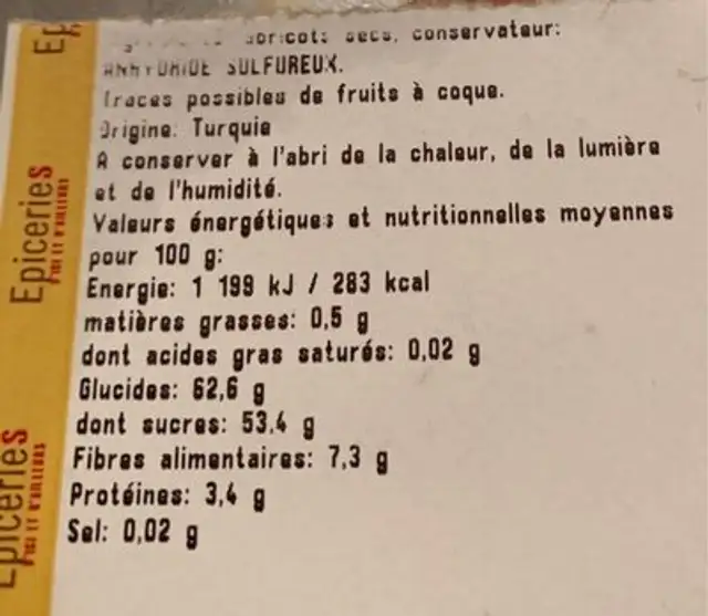 Abricot sec ingredients label