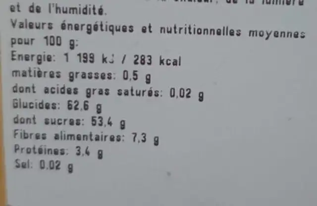 Abricot sec nutrition facts table