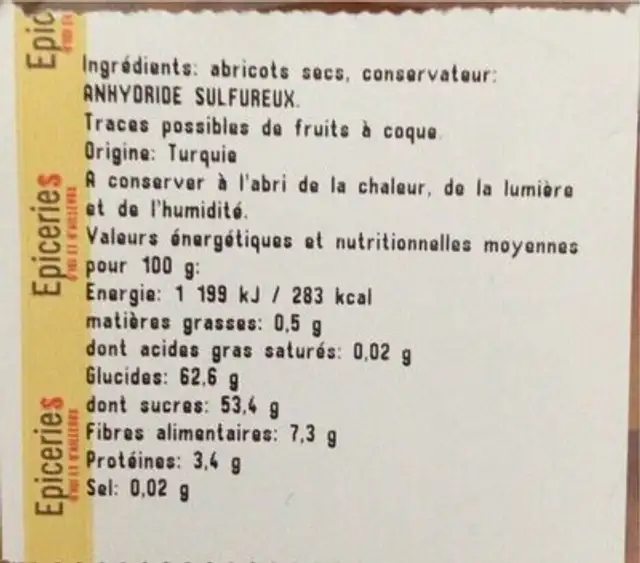 Abricot sec nutrition facts table