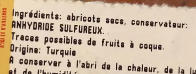 Abricot sec ingredients label