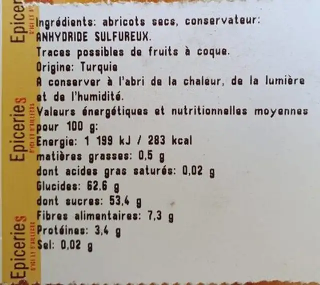 Abricots secs nutrition facts table
