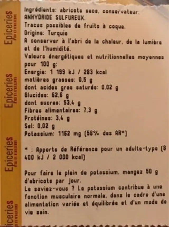 Abricot sec ingredients label