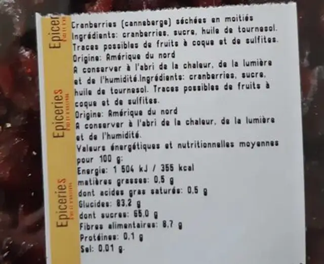 Cranberries ingredients label