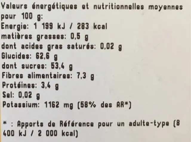 Abricot sec nutrition facts table