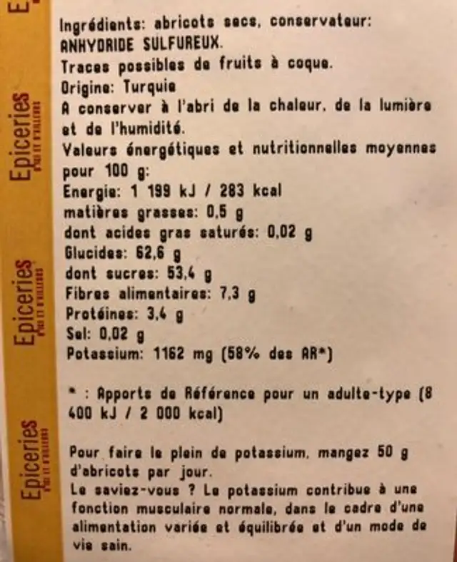Abricot sec ingredients label
