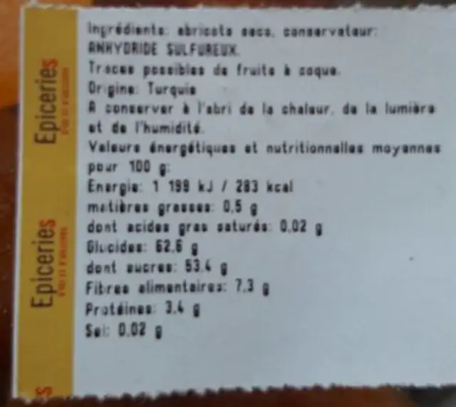 Abricot sec nutrition facts table