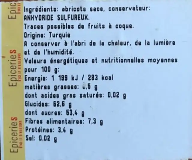 Abricot sec ingredients label