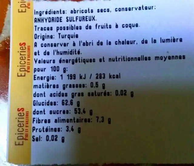 Abricots secs ingredients label