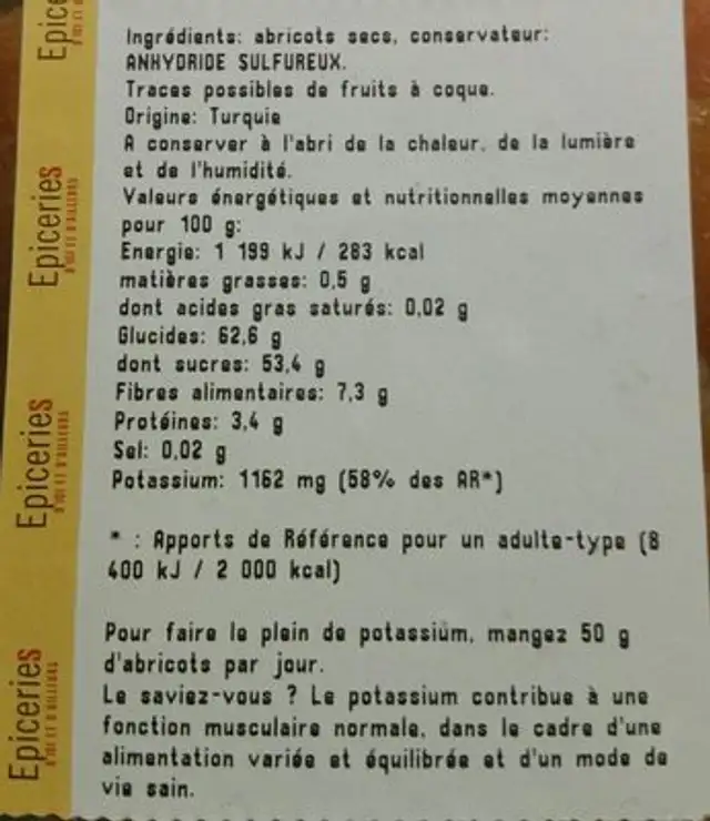 Abricot sec ingredients label
