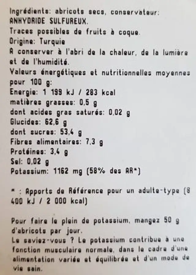 Abricot sec ingredients label