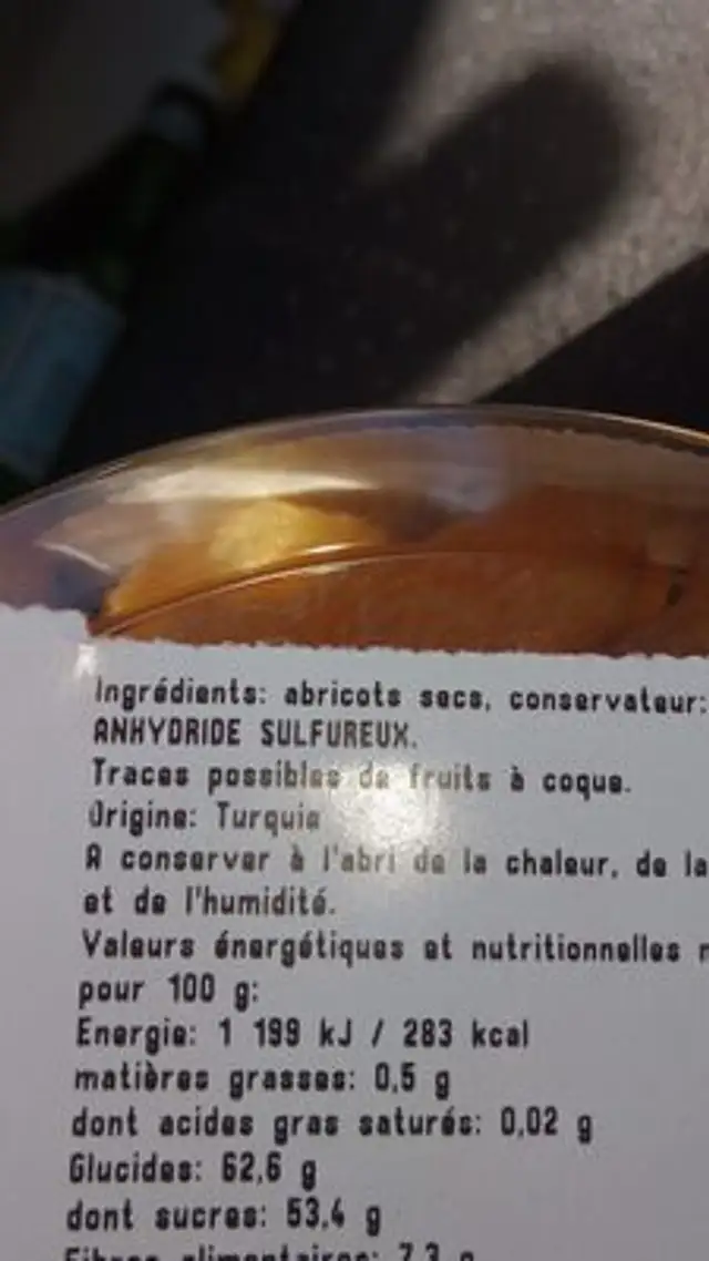 Abricots sec ingredients label