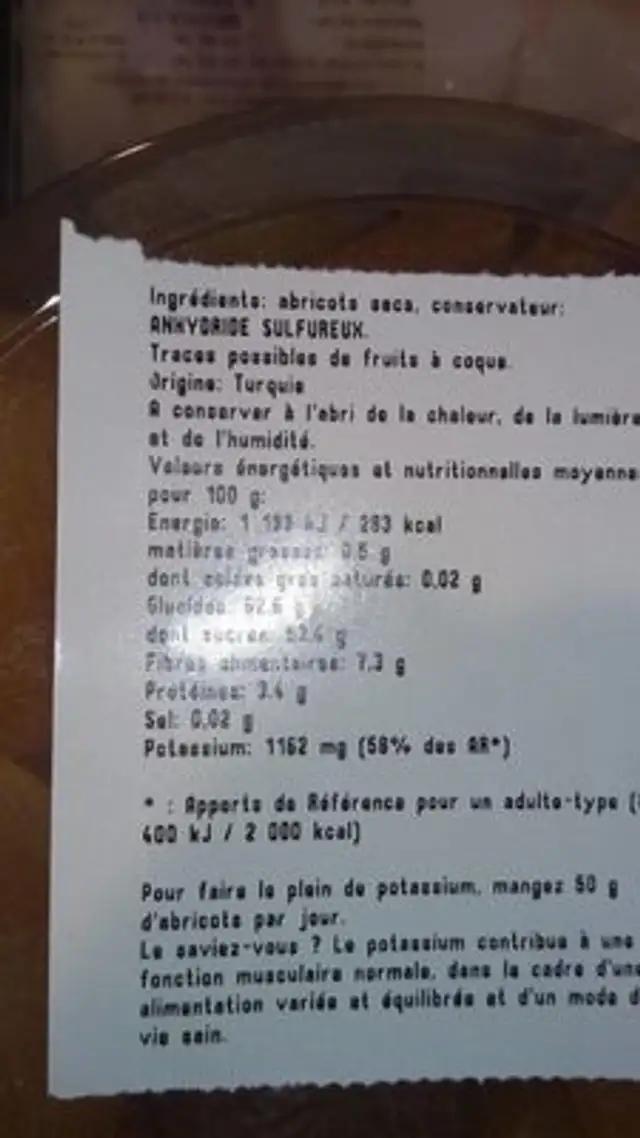 Abricots sec nutrition facts table