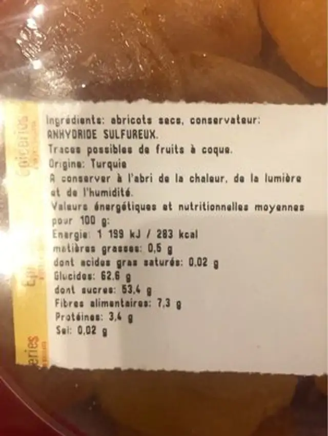 Abricot sec ingredients label