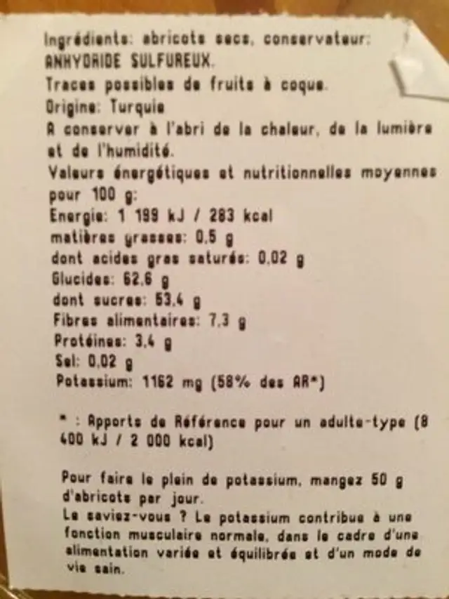 Abricots secs ingredients label