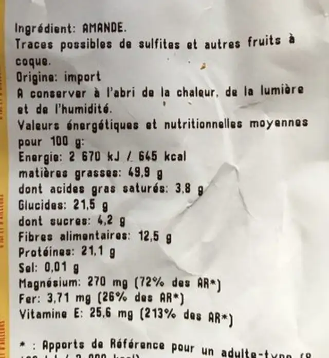 AMANDE EN VRAC ingredients label