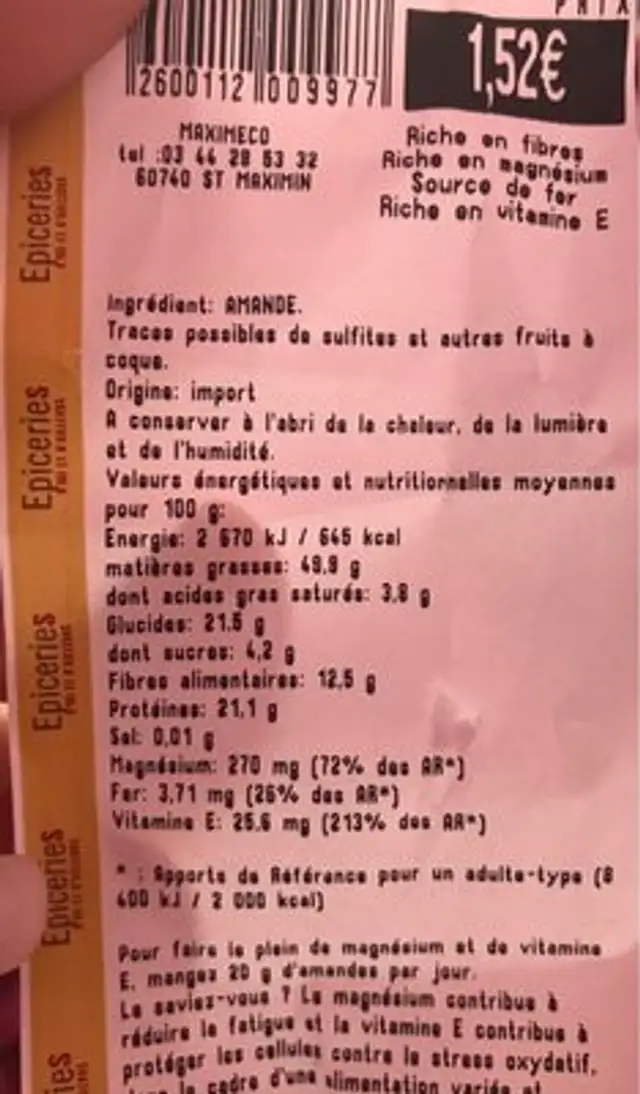 Amandes decortiquées ingredients label