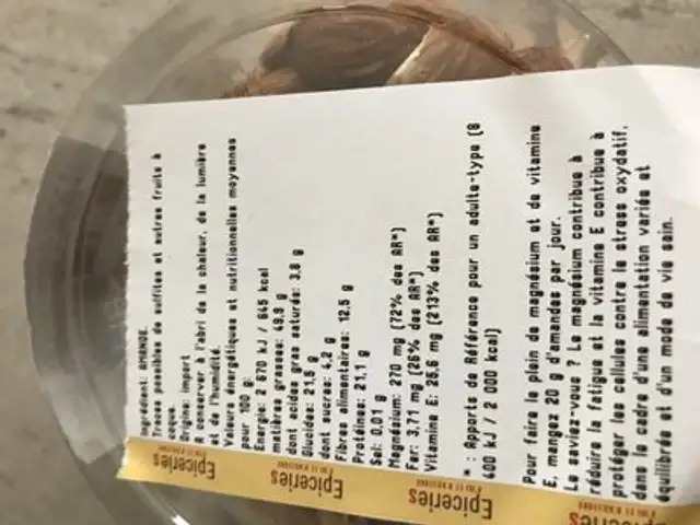 Amandes ingredients label