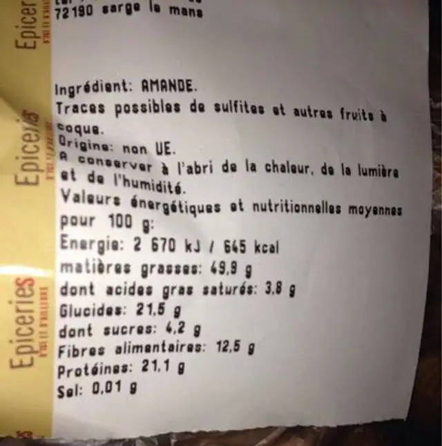 Amande nutrition facts table