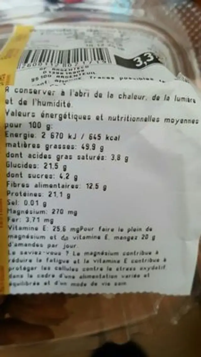 Amandes decortiquees ingredients label